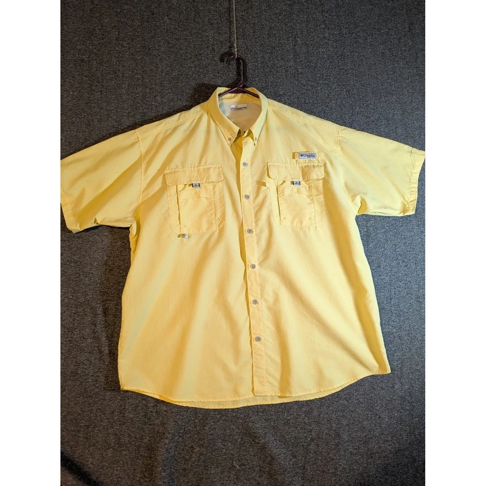 Columbia Shirt Men Yellow PFG Vented Fishing Button Up Short Sleeve Size XL‎